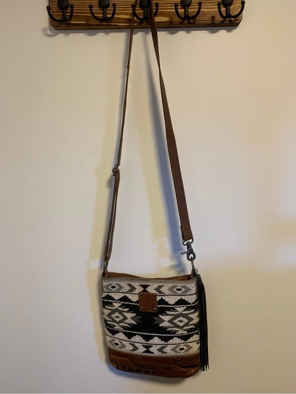 STS Ranchwear Black and Cream Aztec Crossbody with Brown Trim